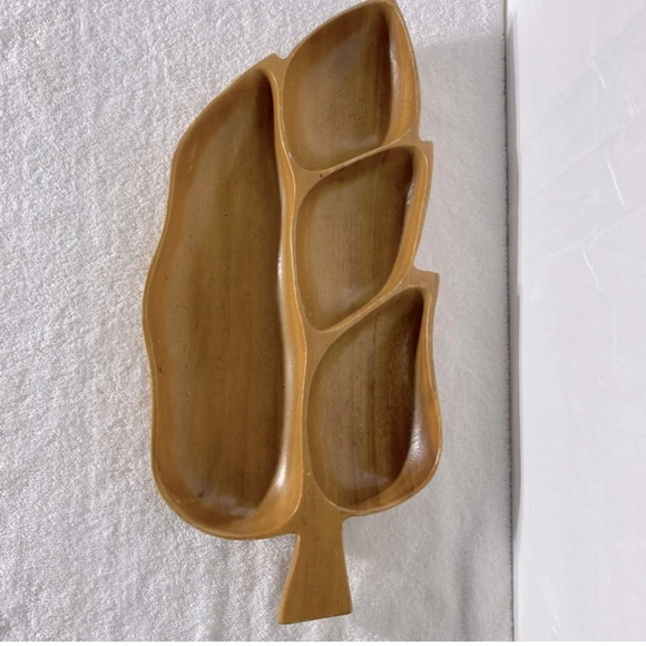 Vintage MCM Hawaiian Tiki Tropical Monkey Pod Wooden Palm Leaf Serving Dish Tray - Picture 1 of 13